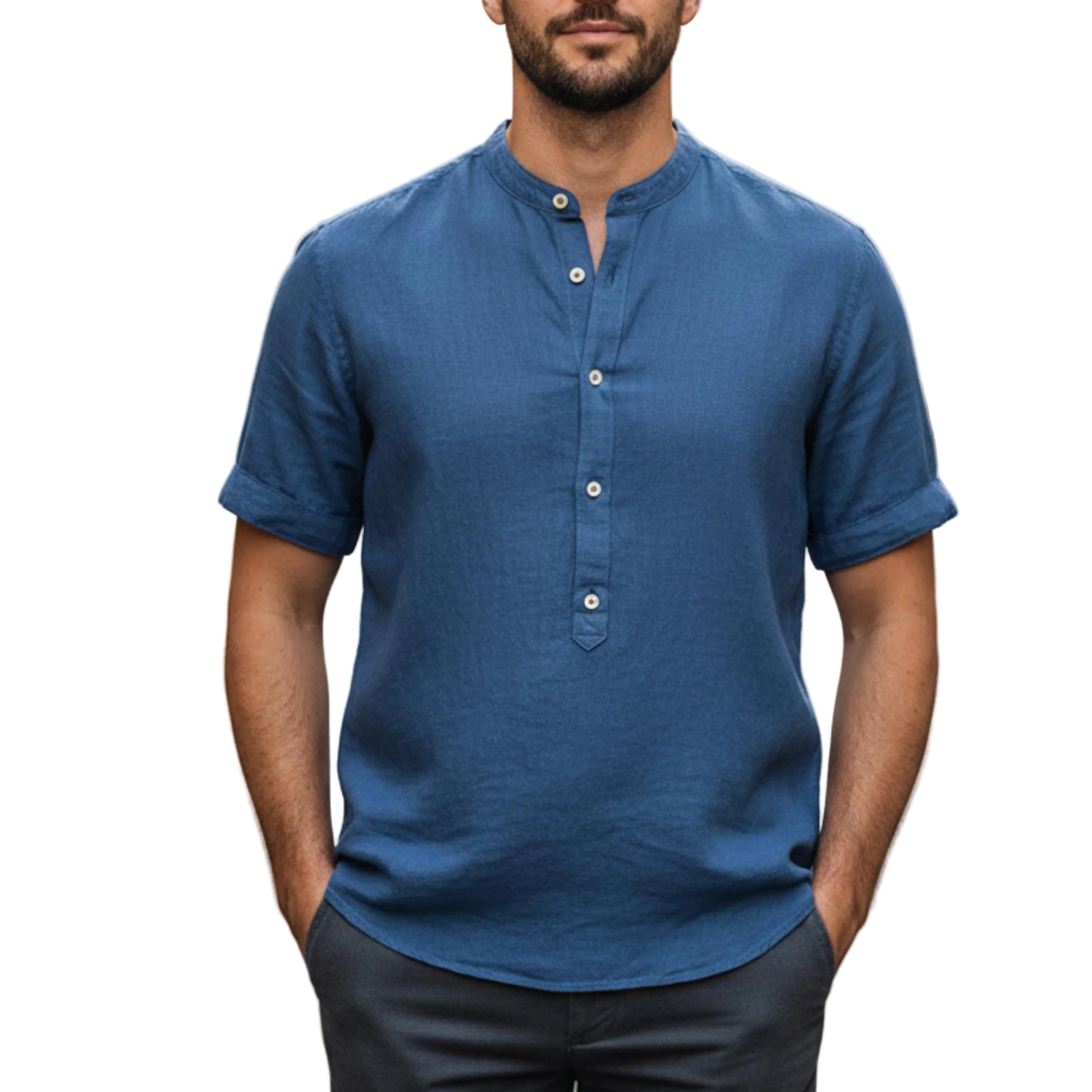 Men's Band Collar Short Sleeve Shirt-Rilvee