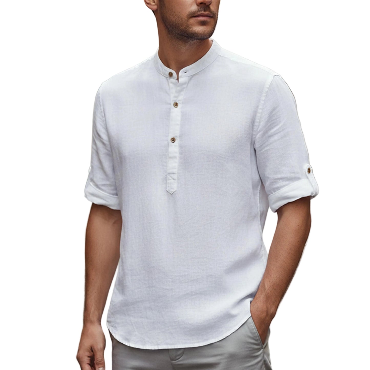 Men's Band Collar Short Sleeve Shirt-Rilvee