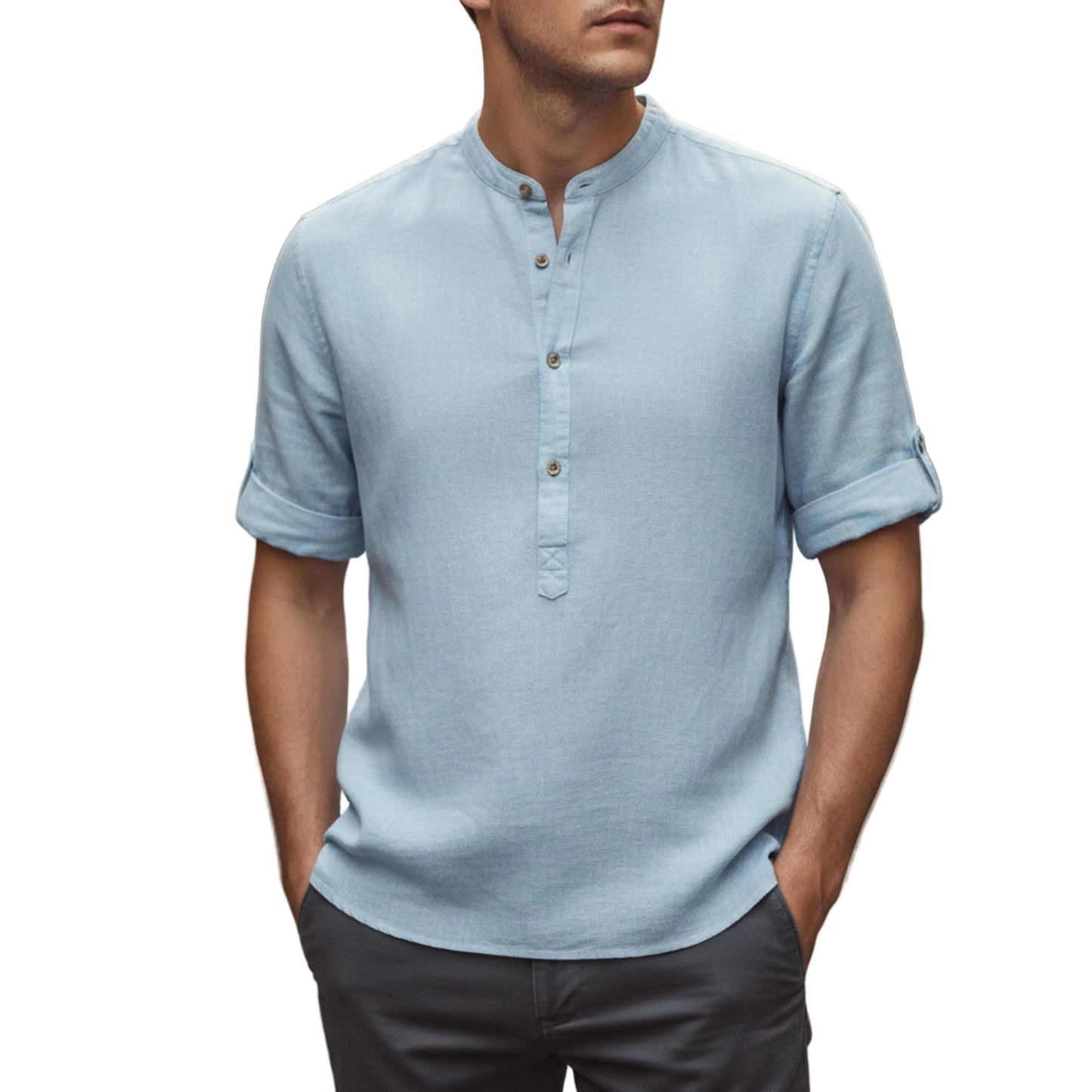 Men's Band Collar Short Sleeve Shirt-Rilvee