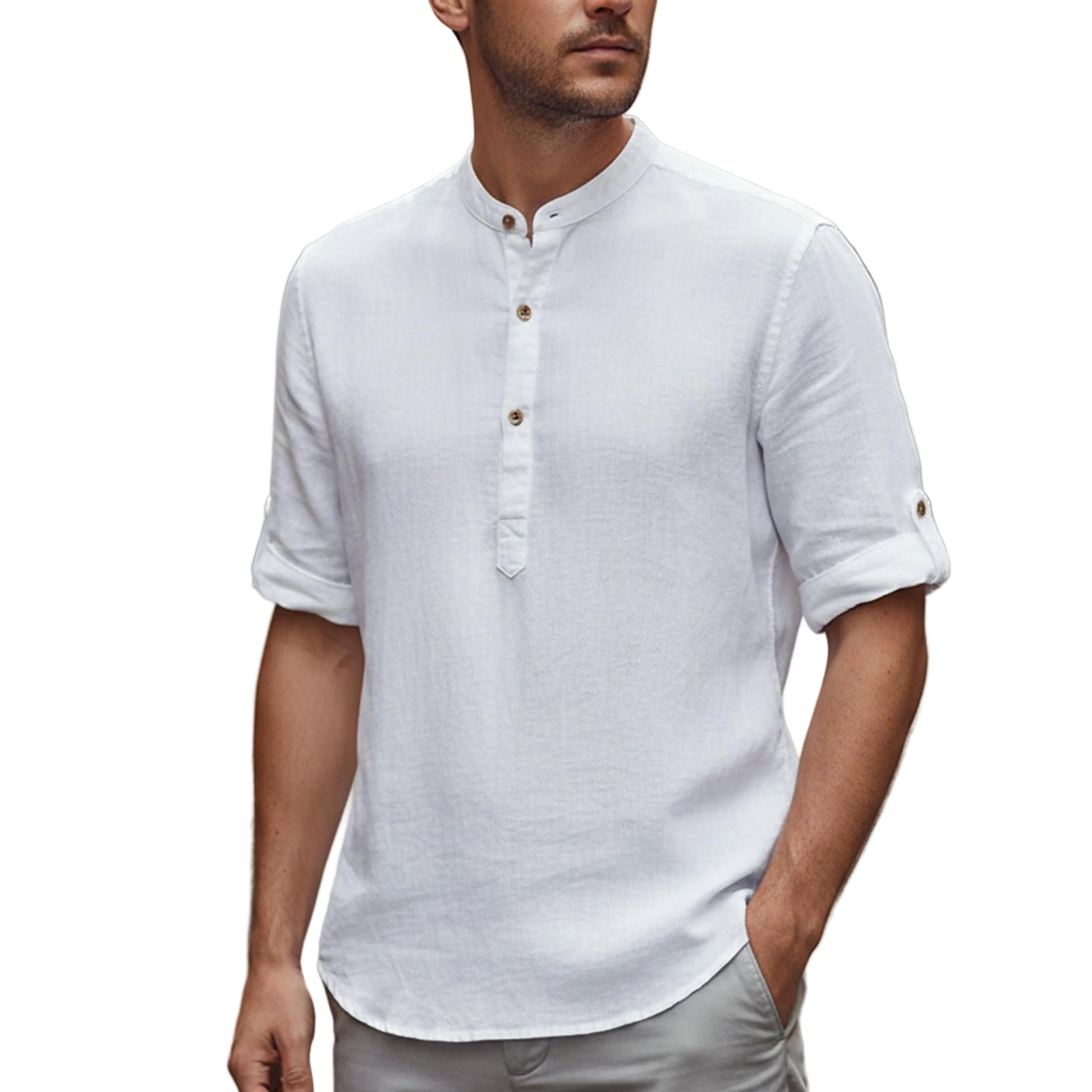 Men's Band Collar Short Sleeve Shirt-Rilvee
