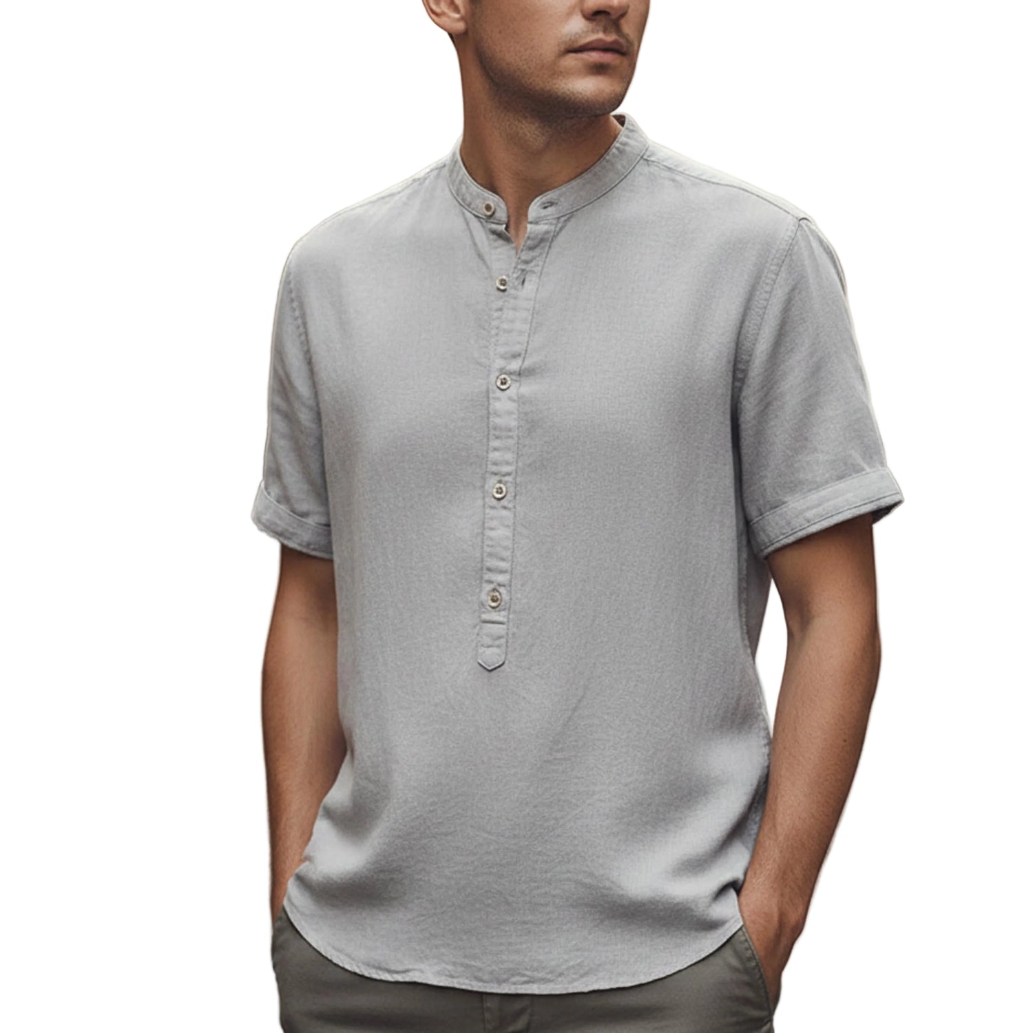Men's Band Collar Short Sleeve Shirt-Rilvee