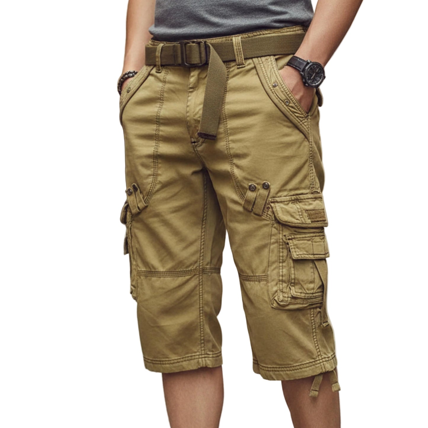 Men's Belted Cargo Shorts with Knee-Length Design-Rilvee