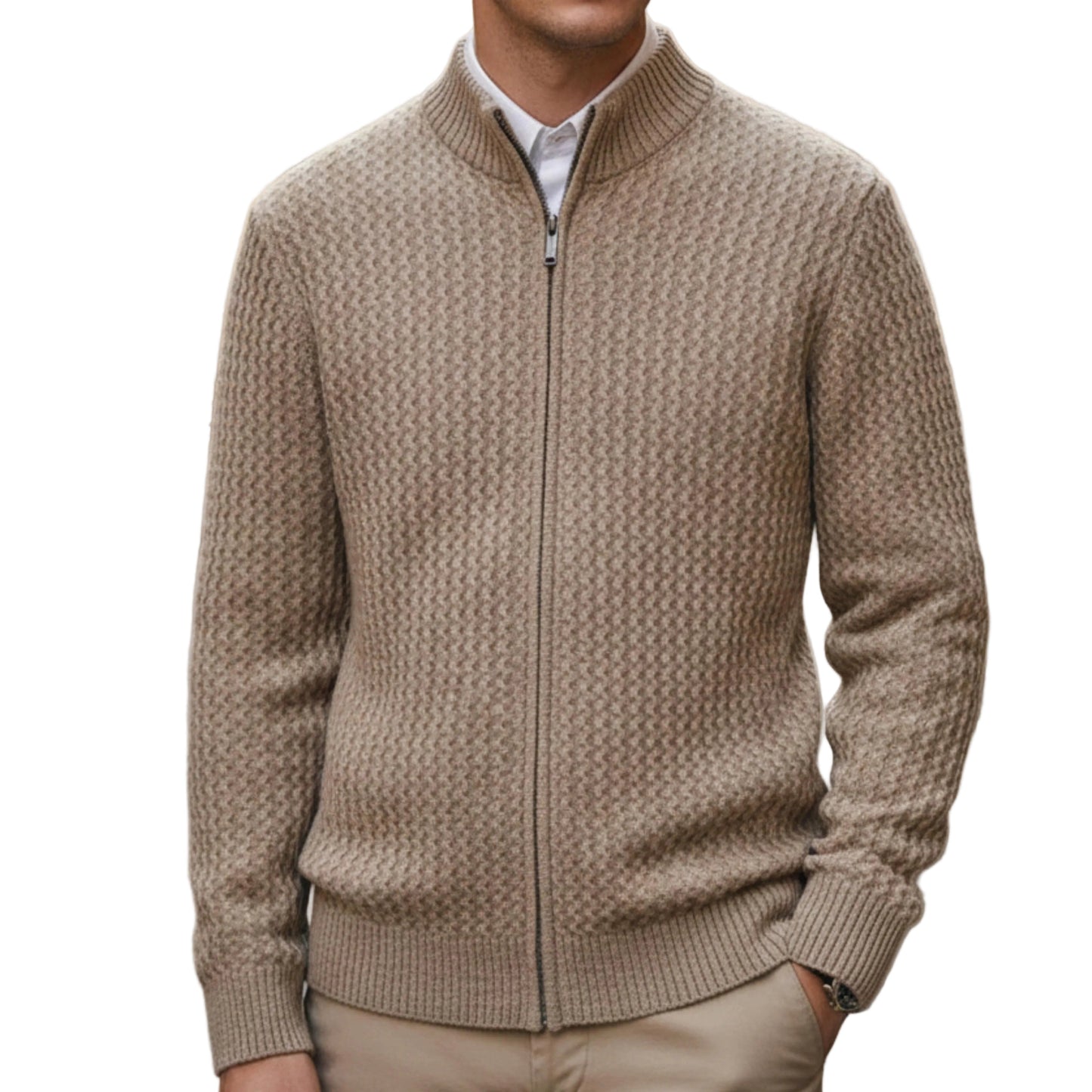 Men's Cable Knit Zip Sweater with Stand Collar-Rilvee