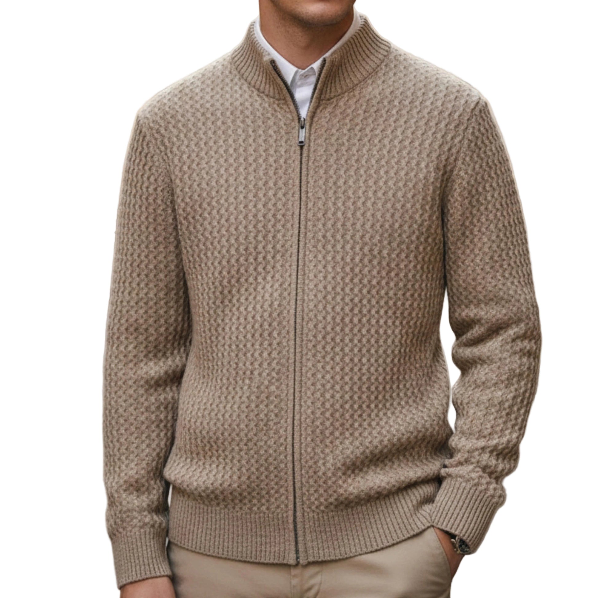Men's Cable Knit Zip Sweater with Stand Collar-Rilvee