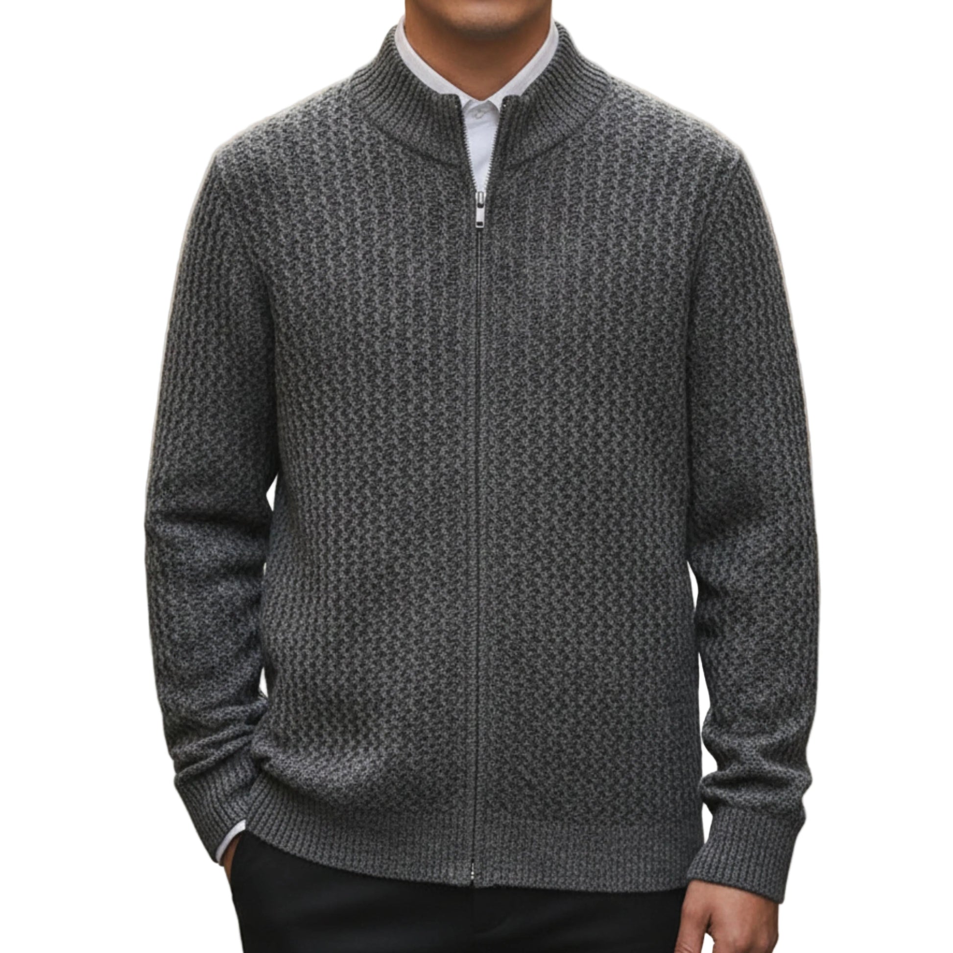Men's Cable Knit Zip Sweater with Stand Collar-Rilvee