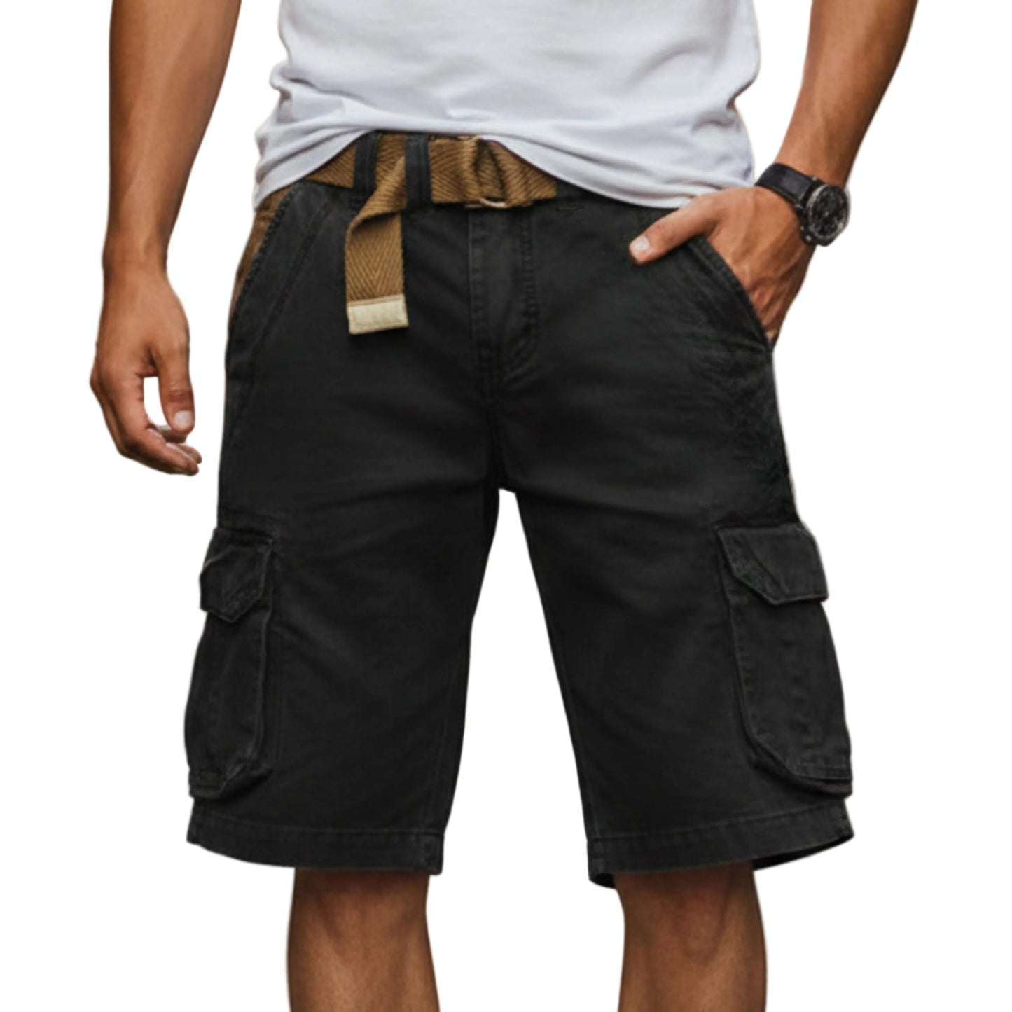 Men's Mid-Length Cargo Shorts with Multiple Pockets-Rilvee