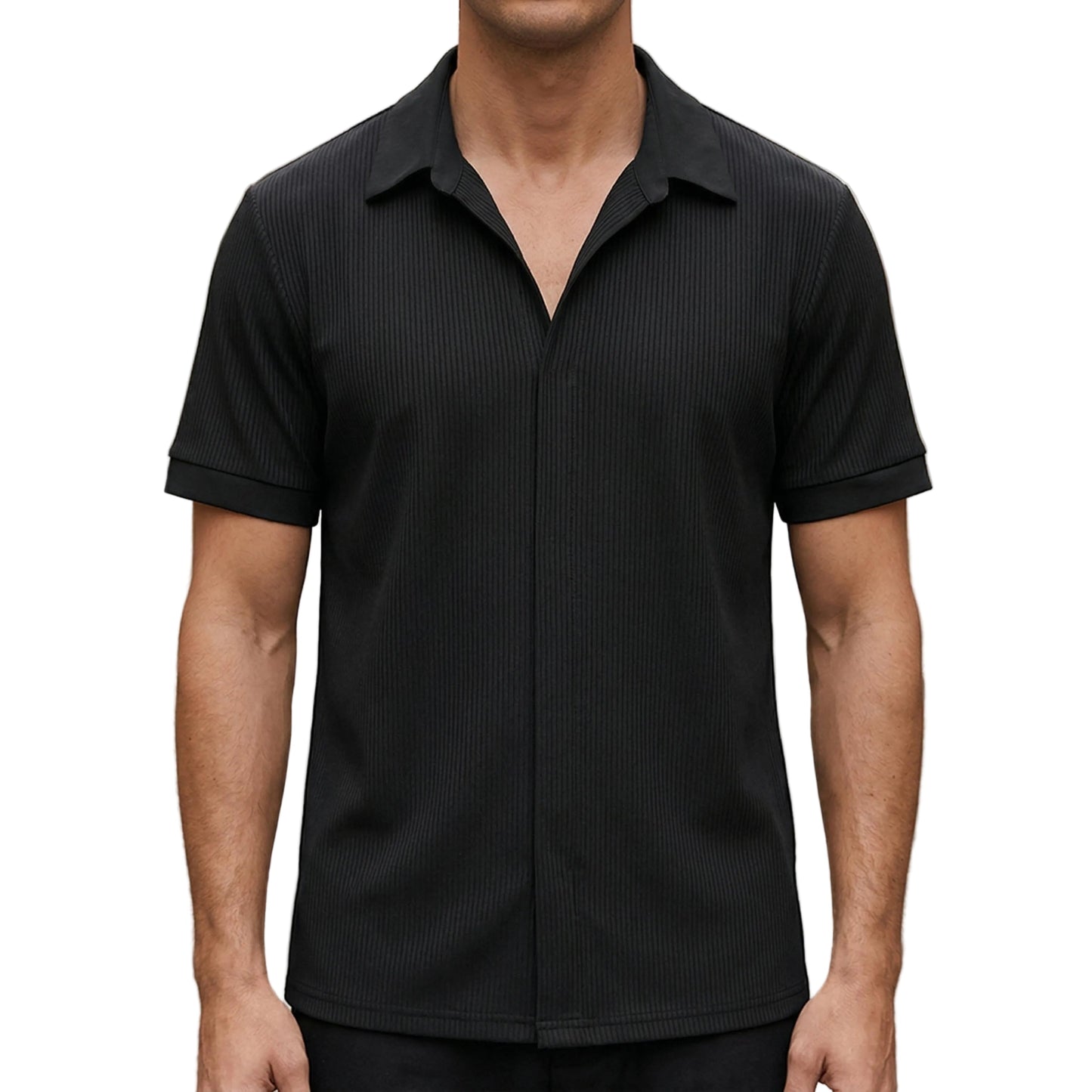 Men's Ribbed Short Sleeve Shirt with Open Collar-Rilvee