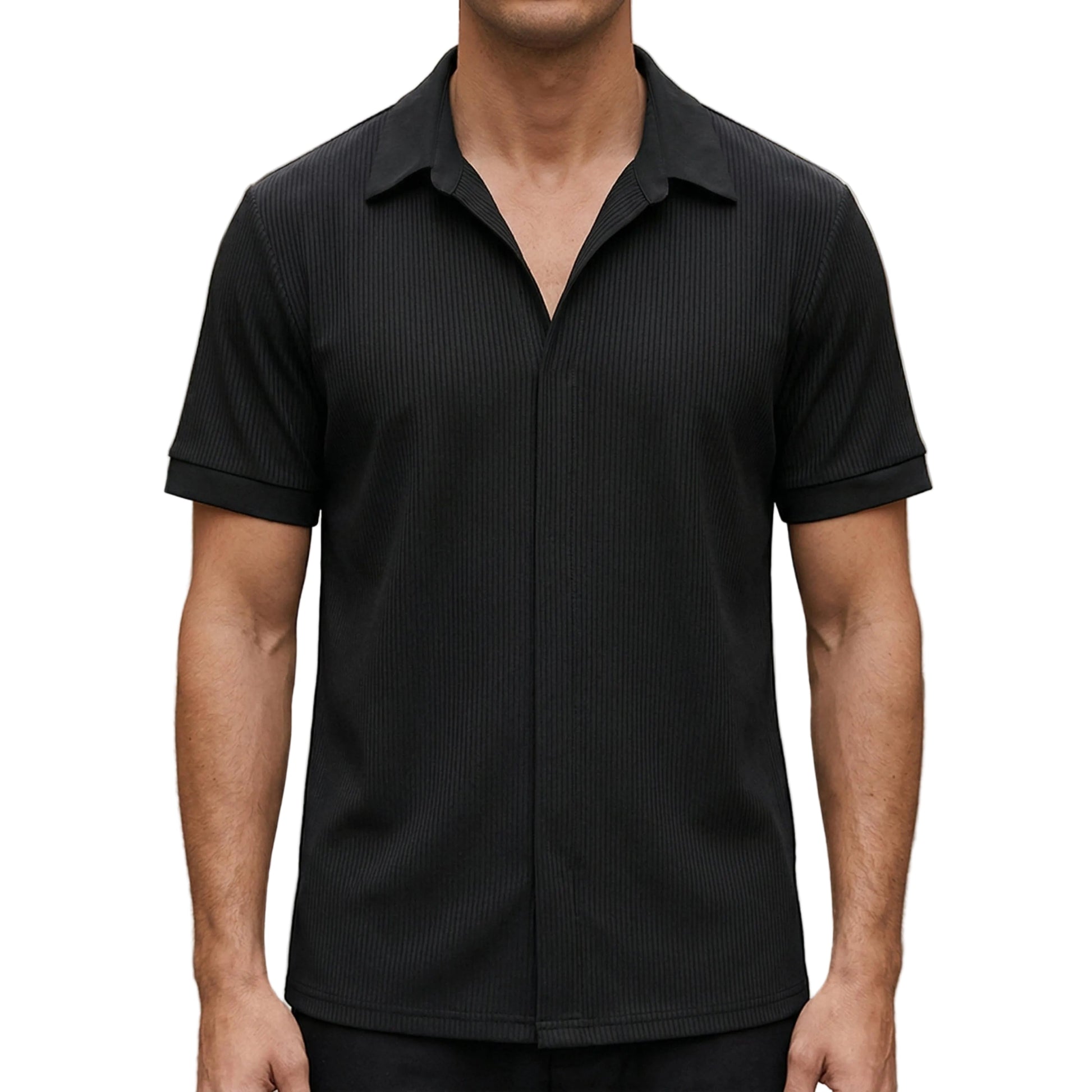 Men's Ribbed Short Sleeve Shirt with Open Collar-Rilvee