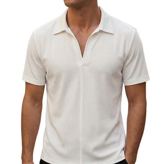 Men's Ribbed Short Sleeve Shirt with Open Collar-Rilvee