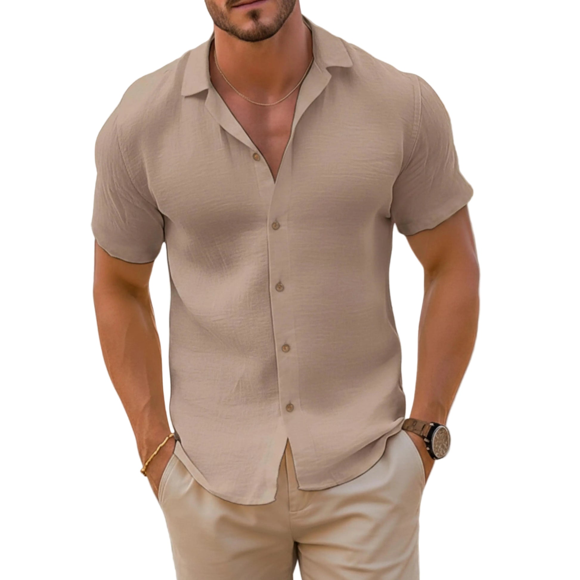 Men's Short Sleeve Open Collar Button Shirt-Rilvee
