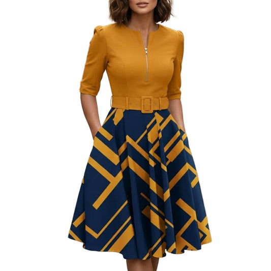 Women's Printed Midi Dress with Zip Front and Waist Belt-Rilvee