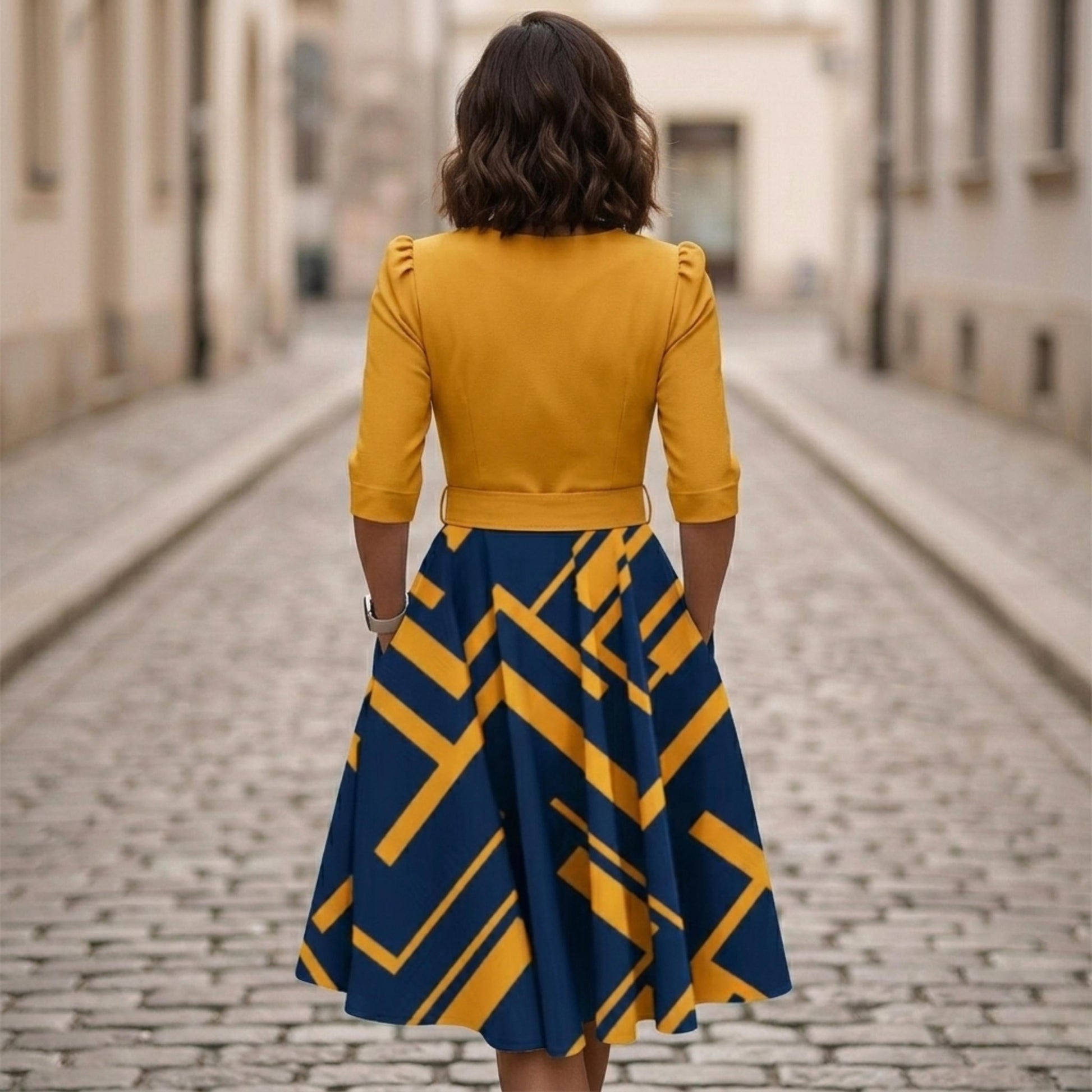 Women's Printed Midi Dress with Zip Front and Waist Belt-Rilvee