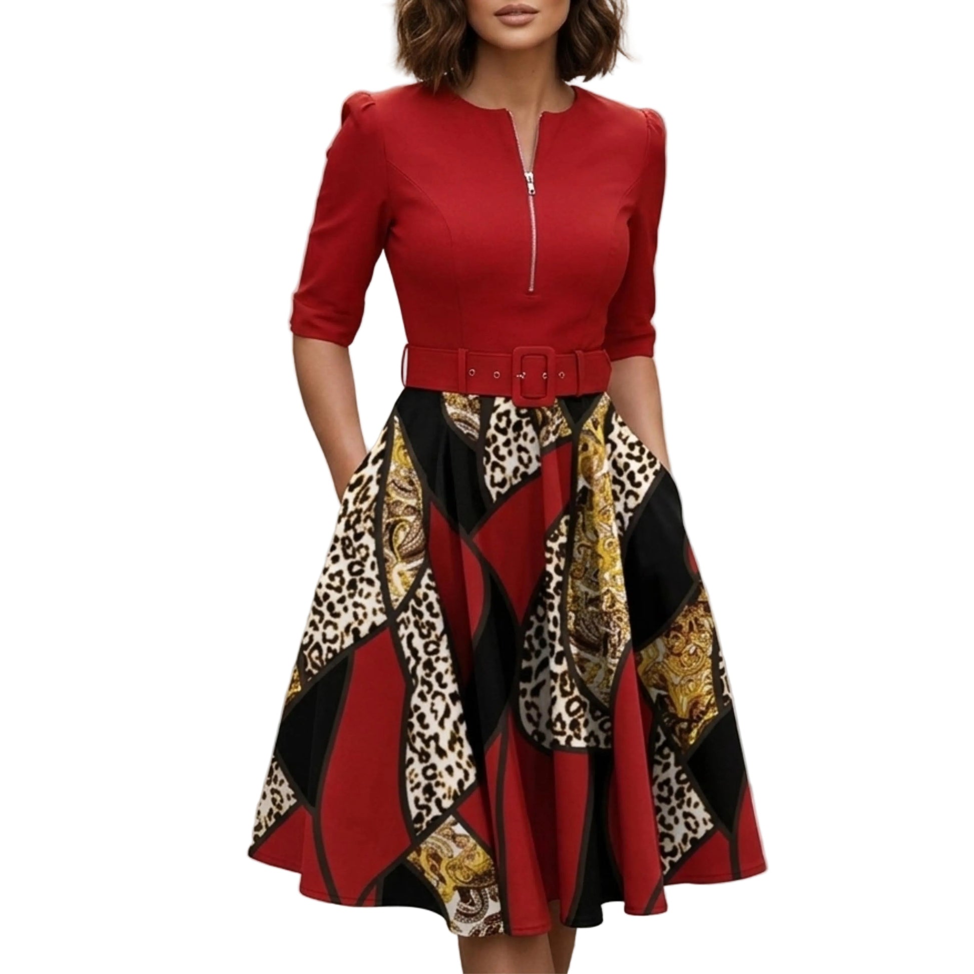 Women's Printed Midi Dress with Zip Front and Waist Belt-Rilvee
