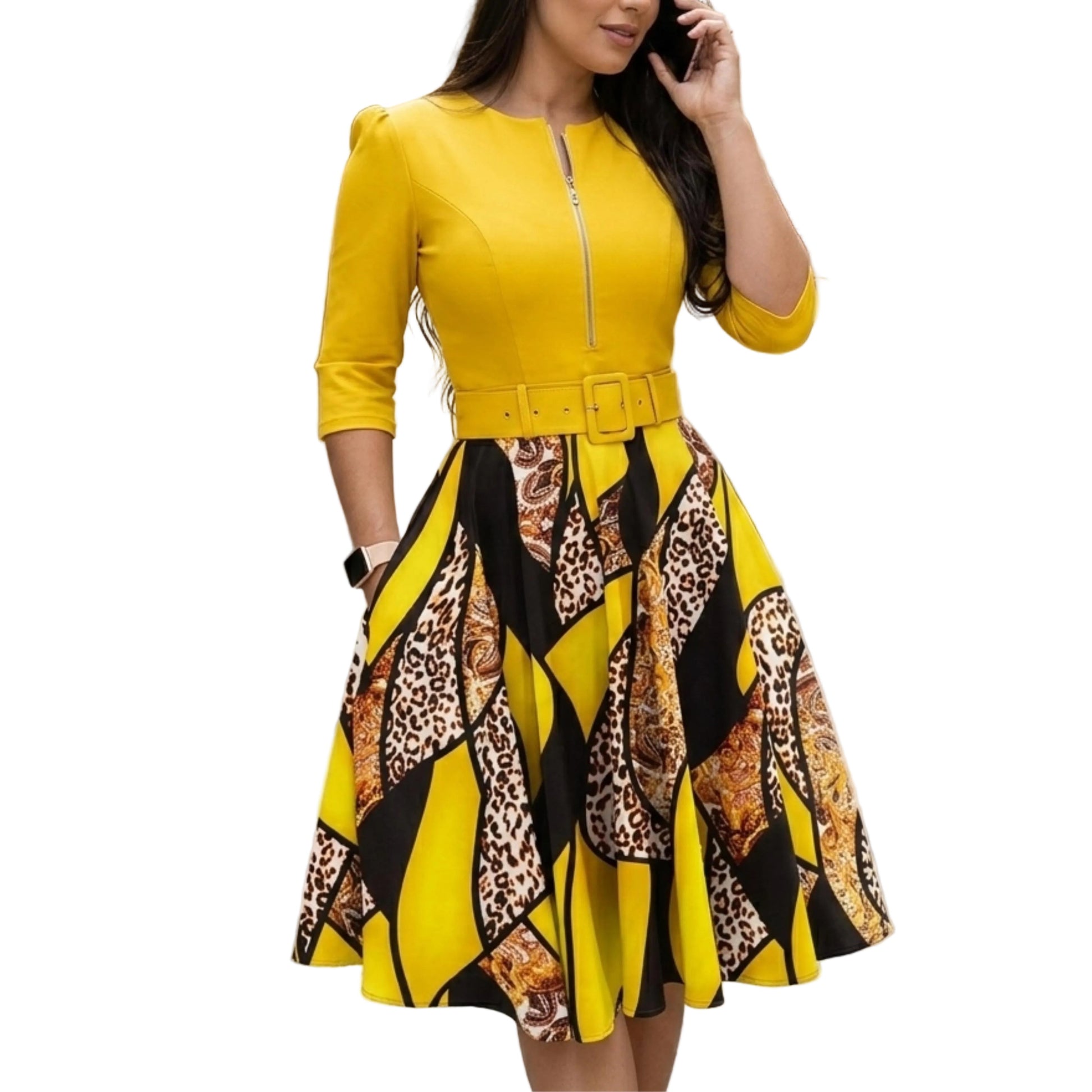 Women's Printed Midi Dress with Zip Front and Waist Belt-Rilvee