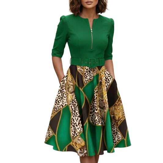 Women's Printed Midi Dress with Zip Front and Waist Belt-Rilvee