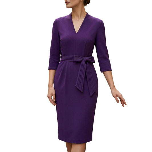 Women's V-Neck Midi Dress 3/4 Sleeve with Waist Belt-Rilvee