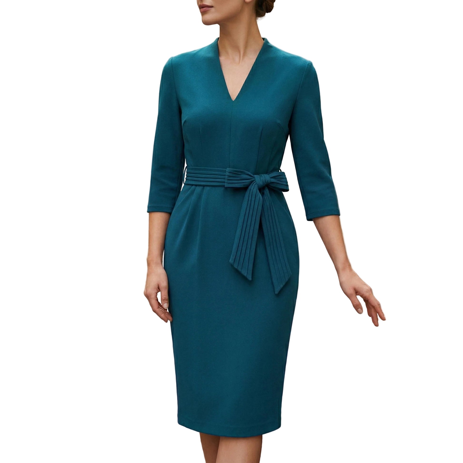 Women's V-Neck Midi Dress 3/4 Sleeve with Waist Belt-Rilvee