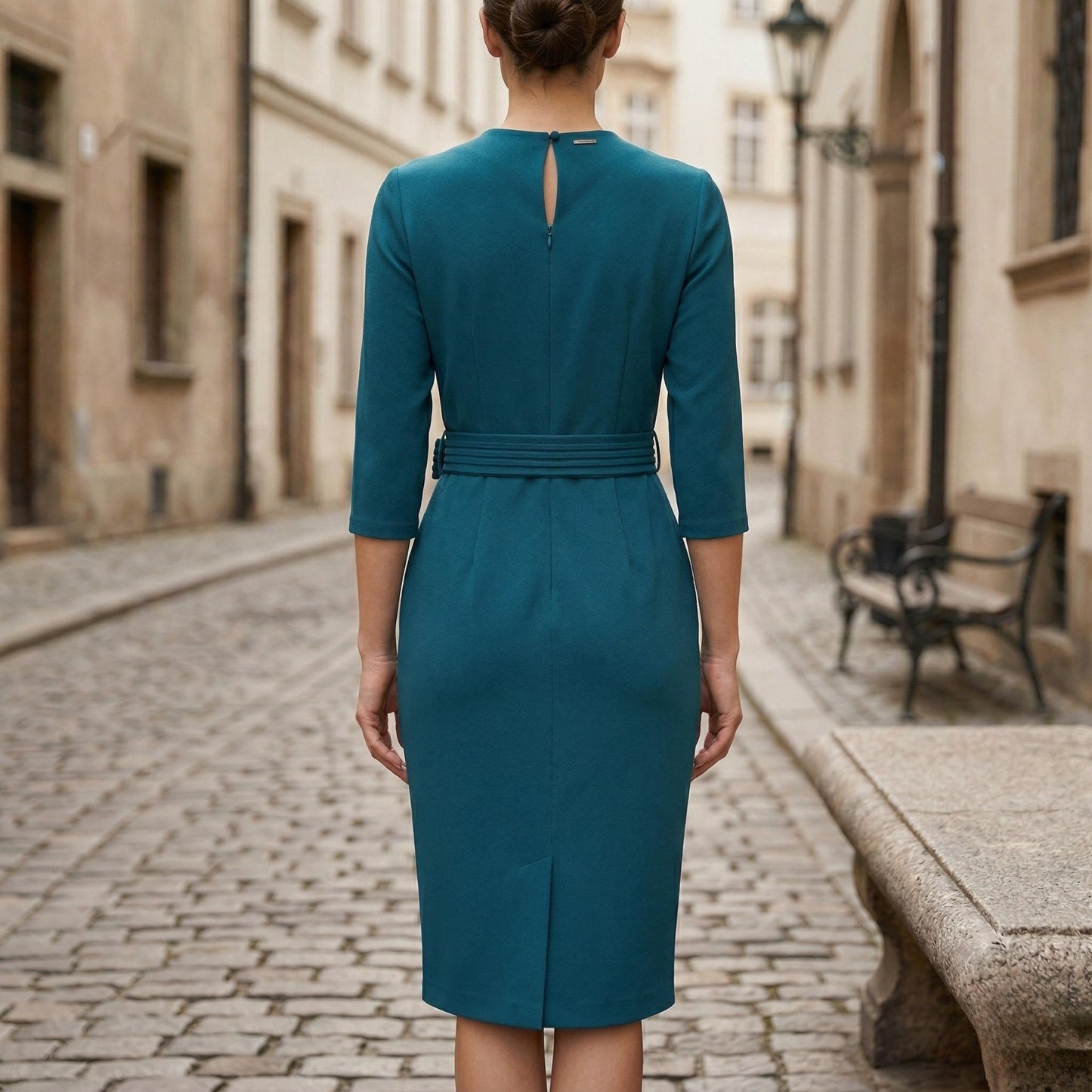 Women's V-Neck Midi Dress 3/4 Sleeve with Waist Belt-Rilvee