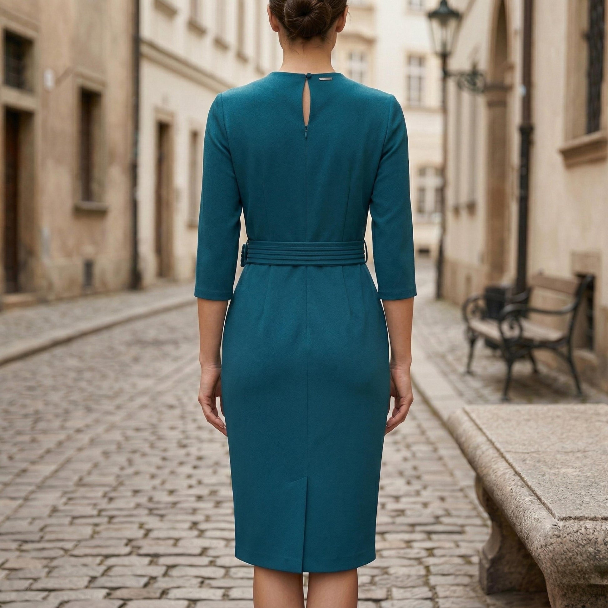 Women's V-Neck Midi Dress 3/4 Sleeve with Waist Belt-Rilvee