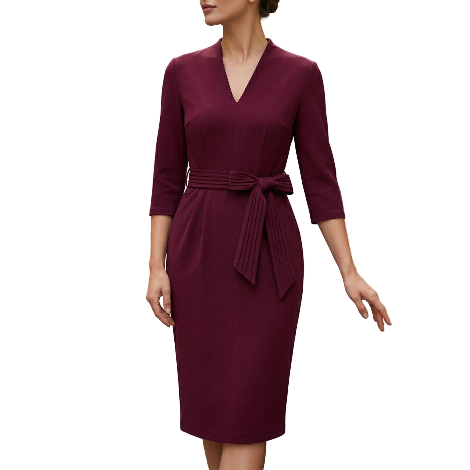 Women's V-Neck Midi Dress 3/4 Sleeve with Waist Belt-Rilvee