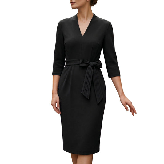 Women's V-Neck Midi Dress 3/4 Sleeve with Waist Belt-Rilvee