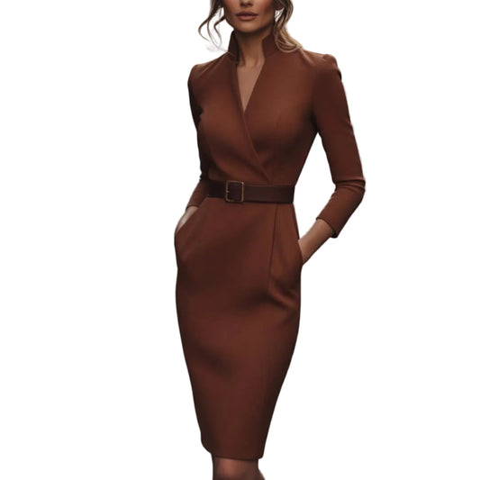Women's Wrap-Style Midi Dress with Waist Belt-Rilvee