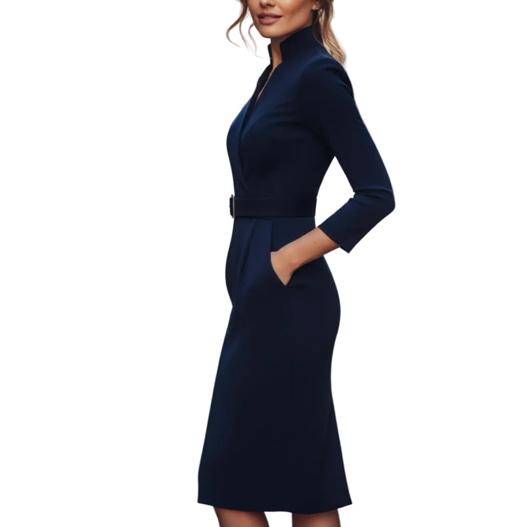 Women's Wrap-Style Midi Dress with Waist Belt-Rilvee